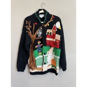 Vintage‎ Halloween Sweater Cardigan Women's M Eagles Eye 1995 Scarecrow Skeleton